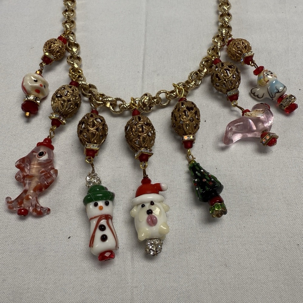 Vintage Christmas Necklace Gold Tone Mini Glass Charms 22" Fish Santa Snowman